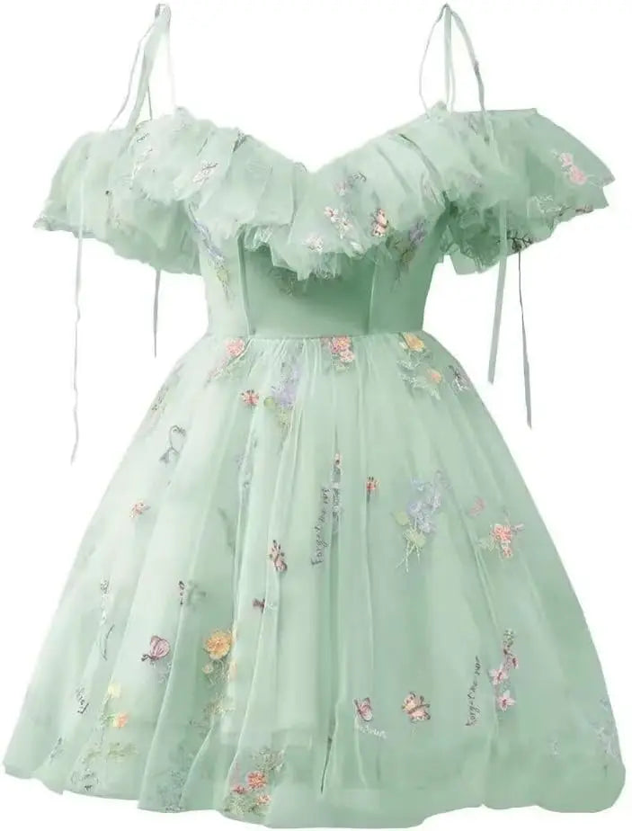 Blumenstickerei Tüll Kurze Heimkehrkleider für Teenager Mini Fee V-Ausschnitt Formales Abschlussball-Cocktailpartykleid 2025 