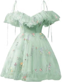 Blumenstickerei Tüll Kurze Heimkehrkleider für Teenager Mini Fee V-Ausschnitt Formales Abschlussball-Cocktailpartykleid 2025 
