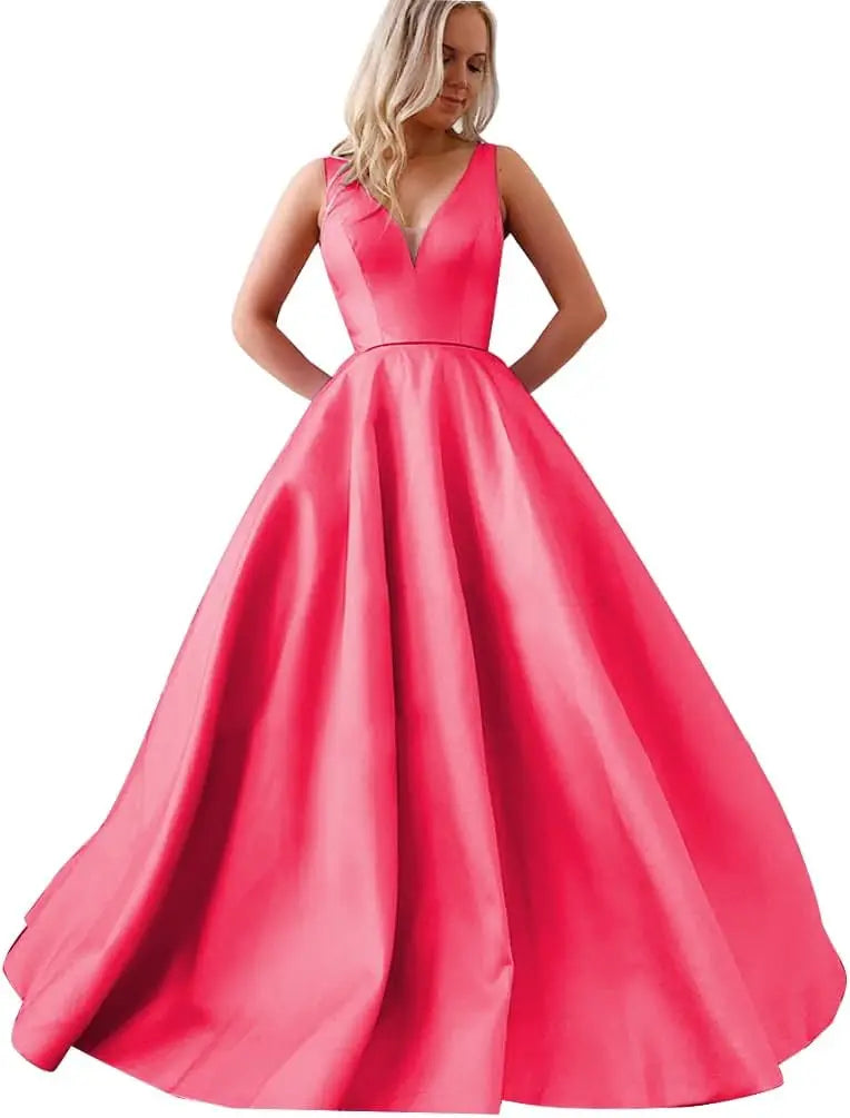 Satin A Line Wedding Dresses for Bride V Neck Prom Dresses with Pockets Simple Long Ball Gowns