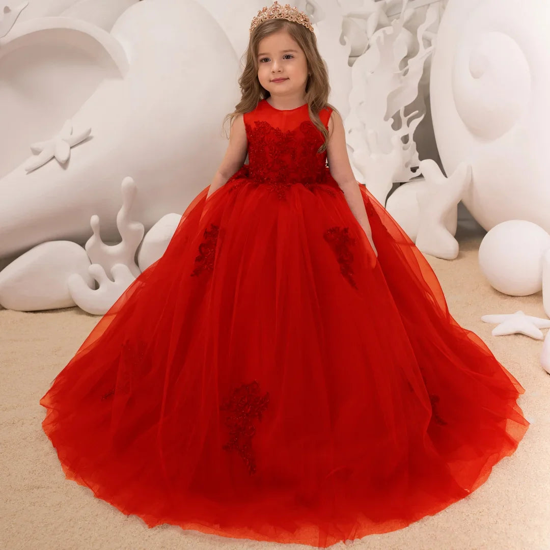 Burgundy Tulle Puffy Floral Appliques Sleeveless For Wedding Party Birthday Banquet Princess Gown Customized Flower Girl Dresse