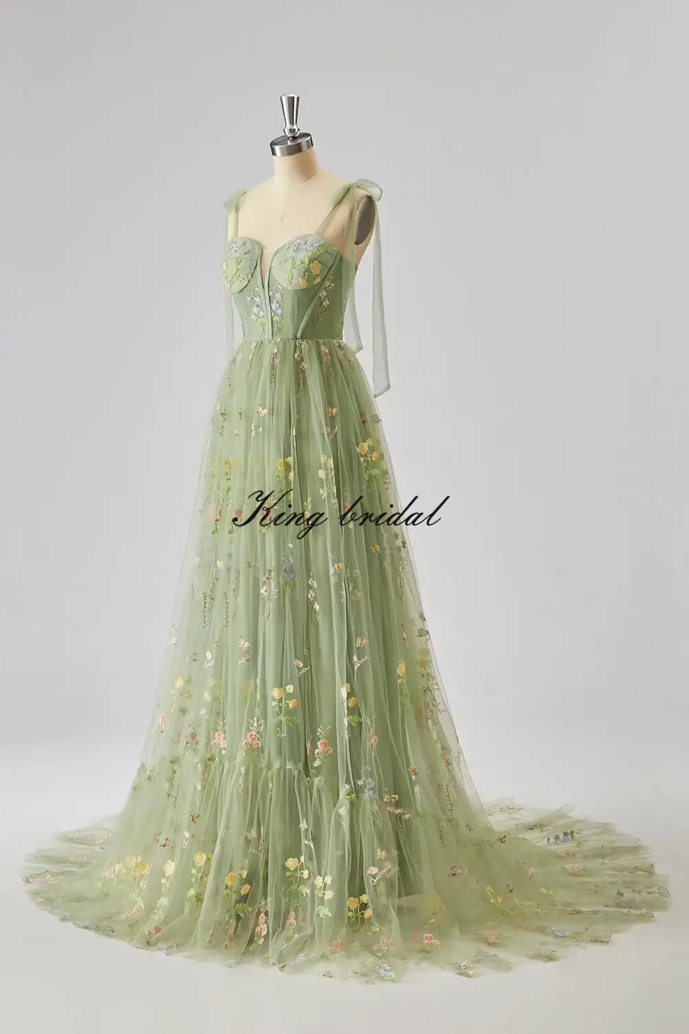 Women's Flower Embroidery Tulle Prom Dresses Corset Long Spaghetti Strap Fairy Ruched Formal Evening Party Gowns Bridesmaid Gown