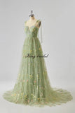 Women's Flower Embroidery Tulle Prom Dresses Corset Long Spaghetti Strap Fairy Ruched Formal Evening Party Gowns Bridesmaid Gown