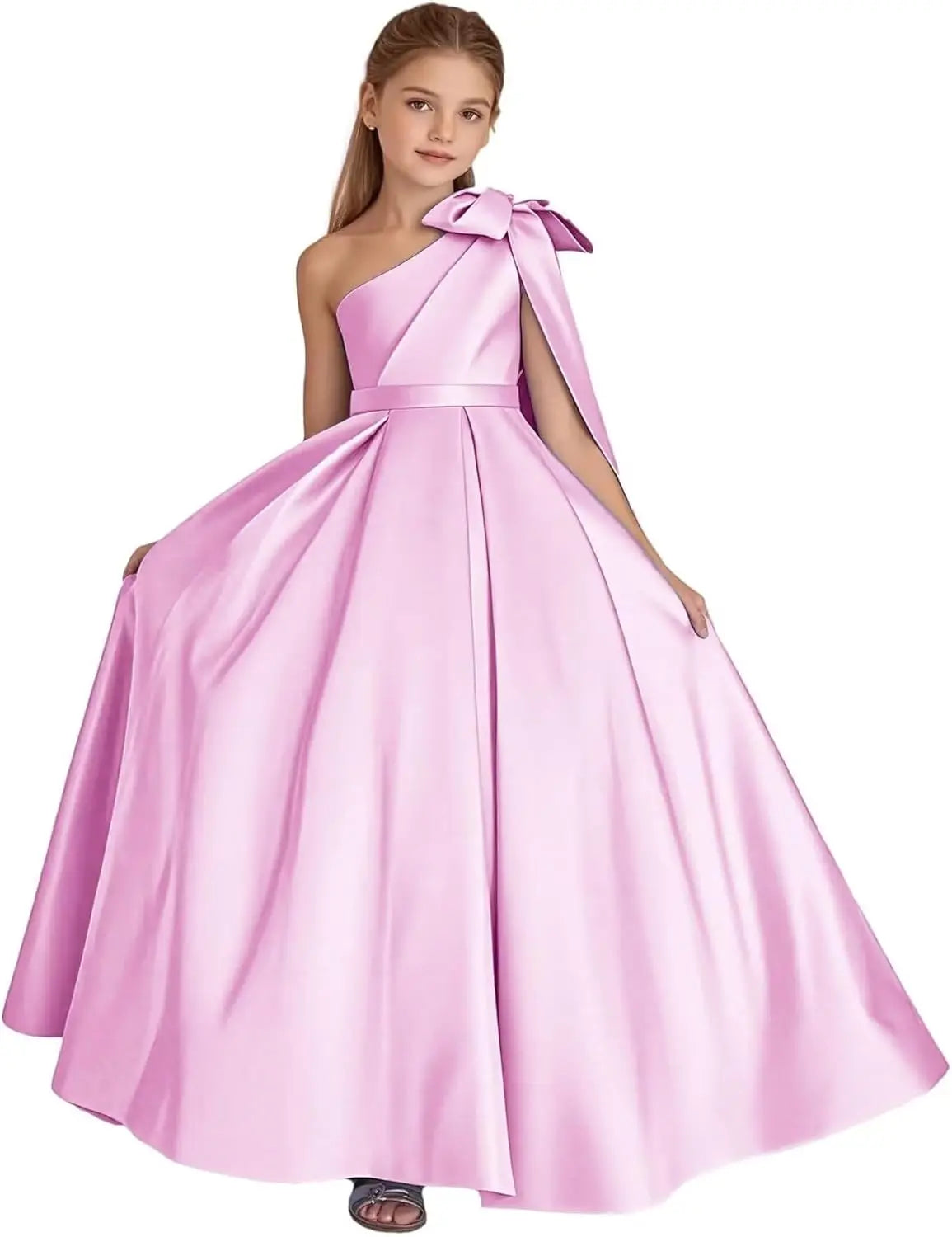 One-Shoulder-Satin-Blumenmädchenkleider, lange Festzugskleider für Mädchen, Ballkleid mit Schleife, Prinzessinnenkleid, Partykleider