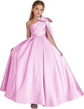One-Shoulder-Satin-Blumenmädchenkleider, lange Festzugskleider für Mädchen, Ballkleid mit Schleife, Prinzessinnenkleid, Partykleider