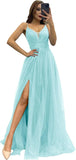 2025 Sparkly Tulle Formal Prom Dress Pleated A-Line Ball Gown with Spaghetti Straps Slit for Women Evening Dresses