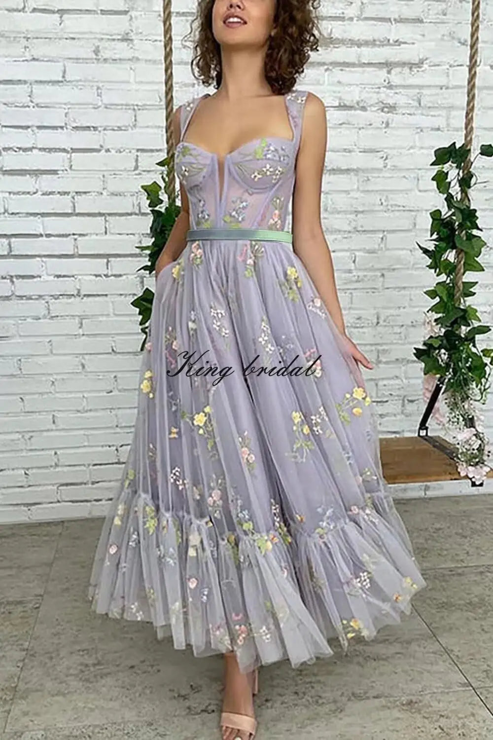Custom Made Women's Flower Embroidery Tulle Prom Dresses Tea Length Corset A Line Fairy Formal Evening Party Gown Bridesmaid