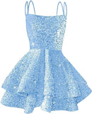 Hübsches, funkelndes Pailletten-Heimkehrkleid für Teenager, kurzes, gestuftes Ballkleid mit quadratischem Ausschnitt und A-Linie, Cocktail-Club-Partykleid 