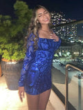Vestidos de fiesta de manga larga con lentejuelas y encaje para mujer, cortos, ajustados, brillantes, con escote cuadrado, para cóctel o fiesta. 
