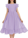 Girls Elegant Lace Flower Crew Neck Ruffle Chiffon A-Line Flowy Birthday Party Midi Dress ball gown  princess dress