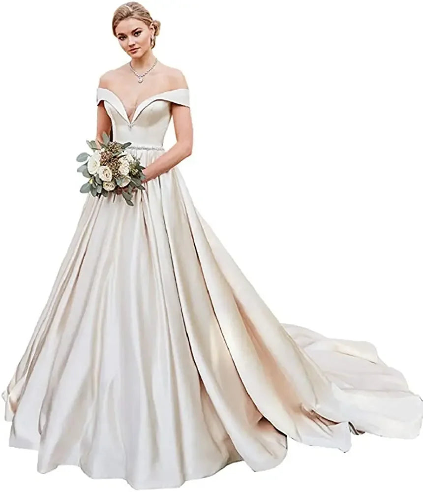 Damen Schulterfrei Satin Brautkleider Ballkleid Langes Ballkleid Abendkleid Ballkleid Brautkleider Sexy Brautkleid 
