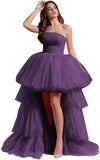 High Low Tüll Ballkleider Lange trägerlose gestufte Abendkleider A-Linie Abendkleid mit Schleppe Partykleider Damen Abend 
