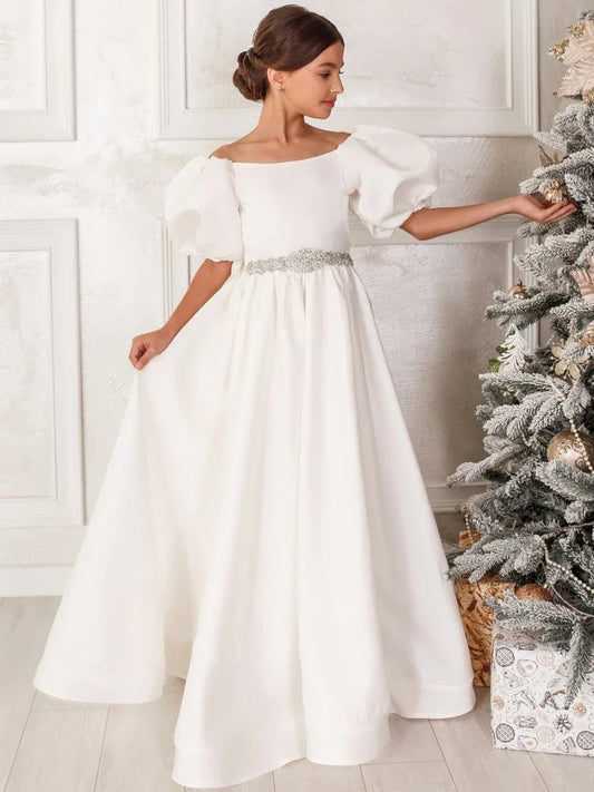 White Satin Diamond Beltl With Bow Short Sleeves For Wedding Pageant Party Princess Gowns princess dress  Flower Girl Dresses