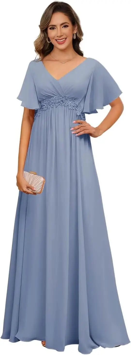 Plus Size Short Sleeves Mother of The Bride Dresses for Curvy Women V Neck Formal Dresses with Pockets Bridesmaid Dress Gowns