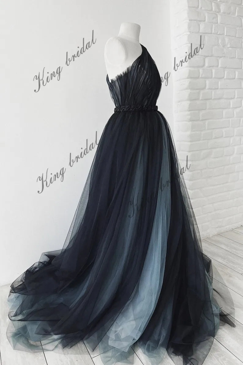 Black wedding dress Full Black ash blue bridal gown Gothic wedding dr
