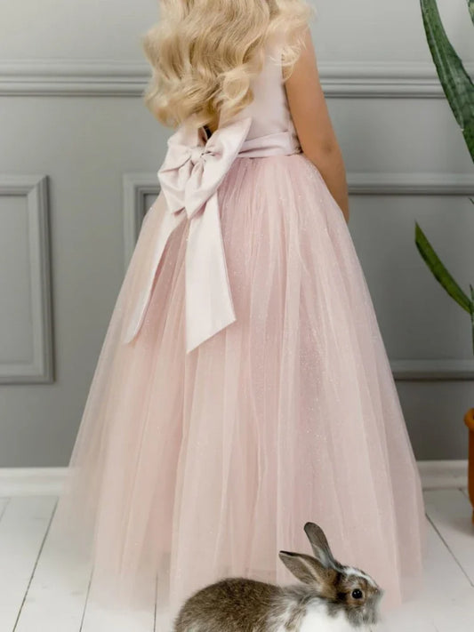 Vestido de tul de satén rosa con lazo sin mangas para boda, fiesta de cumpleaños, primera comunión, fiesta de niñas, vestidos de niña de las flores 