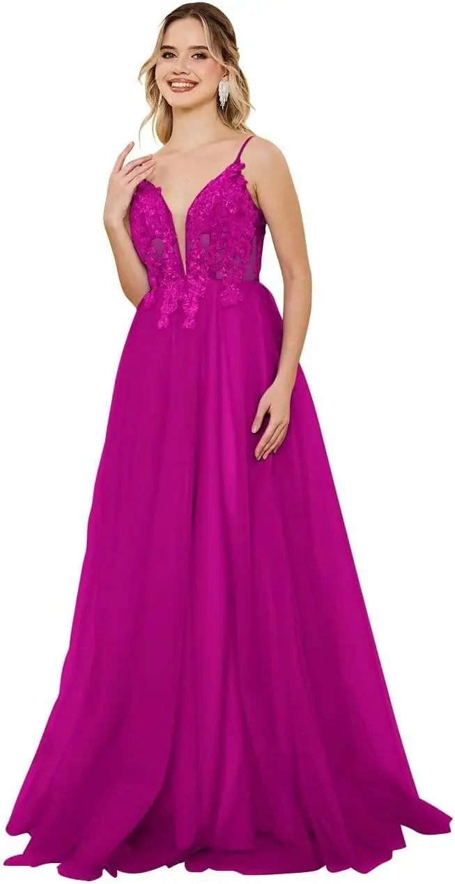 Vestidos de fiesta de tul con escote en V profundo para mujer, tirantes finos, apliques de encaje, vestidos de noche largos de corte A 