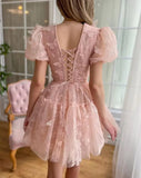 3D Butterfly Tulle Homecoming Dresses for Teens A-Line Short Sleeve Prom Cocktail Dress with Butterfly Appliques
