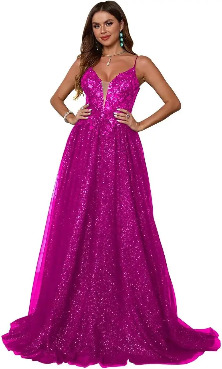 Glitzerndes Tüll-Ballkleid für Damen, Spaghettiträger, tiefer V-Ausschnitt, Spitzenapplikationen, Ballkleid, langes A-Linien-Abendkleid 