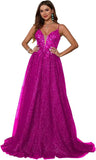 Glitzerndes Tüll-Ballkleid für Damen, Spaghettiträger, tiefer V-Ausschnitt, Spitzenapplikationen, Ballkleid, langes A-Linien-Abendkleid 