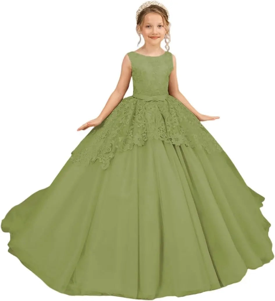 Tüll-Blumenmädchenkleid für Hochzeit, Spitzenapplikationen, bestickt, Prinzessin, Kinderfestzug, Geburtstagsparty, Festzugskleider für Mädchen 