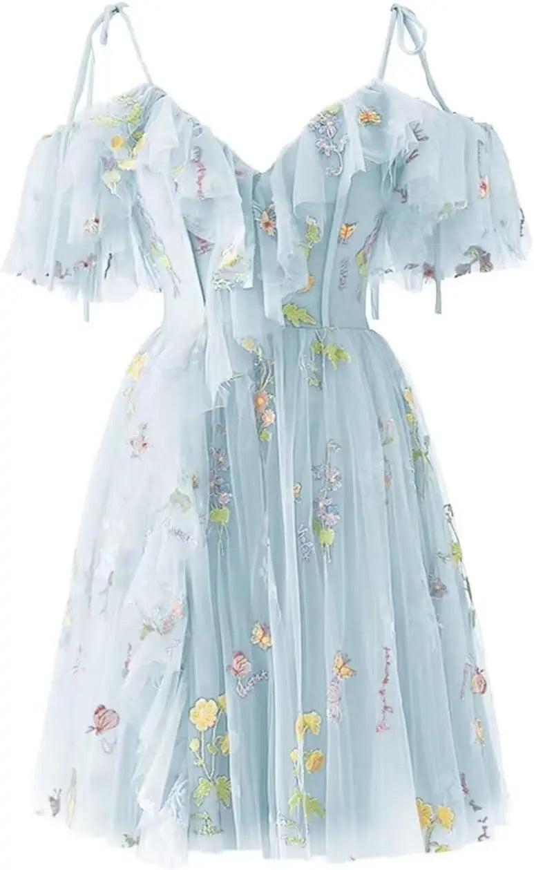 Flower Embroidery Tulle Short Homecoming Dresses for Teens 2026 Mini Spaghetti Straps Formal Prom Party Gown Junior Bridesmaid