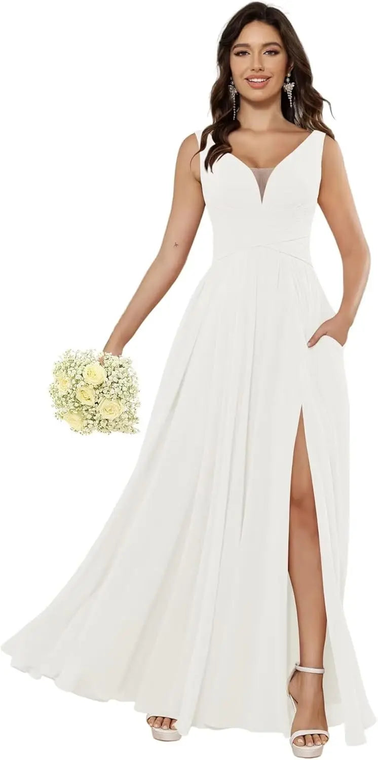 Custom Made Women's Simple Chiffon Bridesmaid Dresses with Pockets Long V Neck Formal Evening Prom Gowns Dresses with Slit