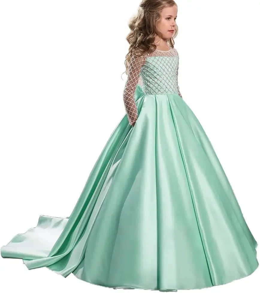 Ball With Bow Satin Floor Length Girl Kids Birthday Party First Holy Communion Gowns Elegant Flower Girl Dresses for Wedding