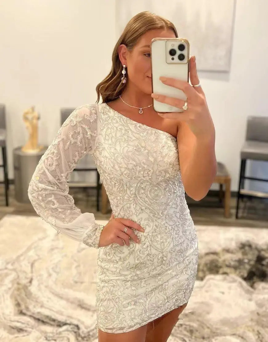 Vestidos de fiesta de encaje con lentejuelas brillantes para adolescentes, mangas abullonadas, un hombro, minivestido de cóctel para graduación, vestidos de noche 