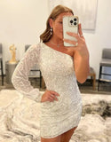 Vestidos de fiesta de encaje con lentejuelas brillantes para adolescentes, mangas abullonadas, un hombro, minivestido de cóctel para graduación, vestidos de noche 