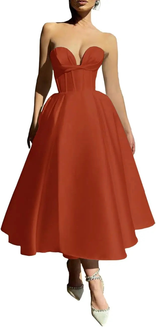 Strapless Prom Dresses 2025 Sweetheart Satin Tea Length Puffy Party Dresses for Women simple wedding dress short wedding dress