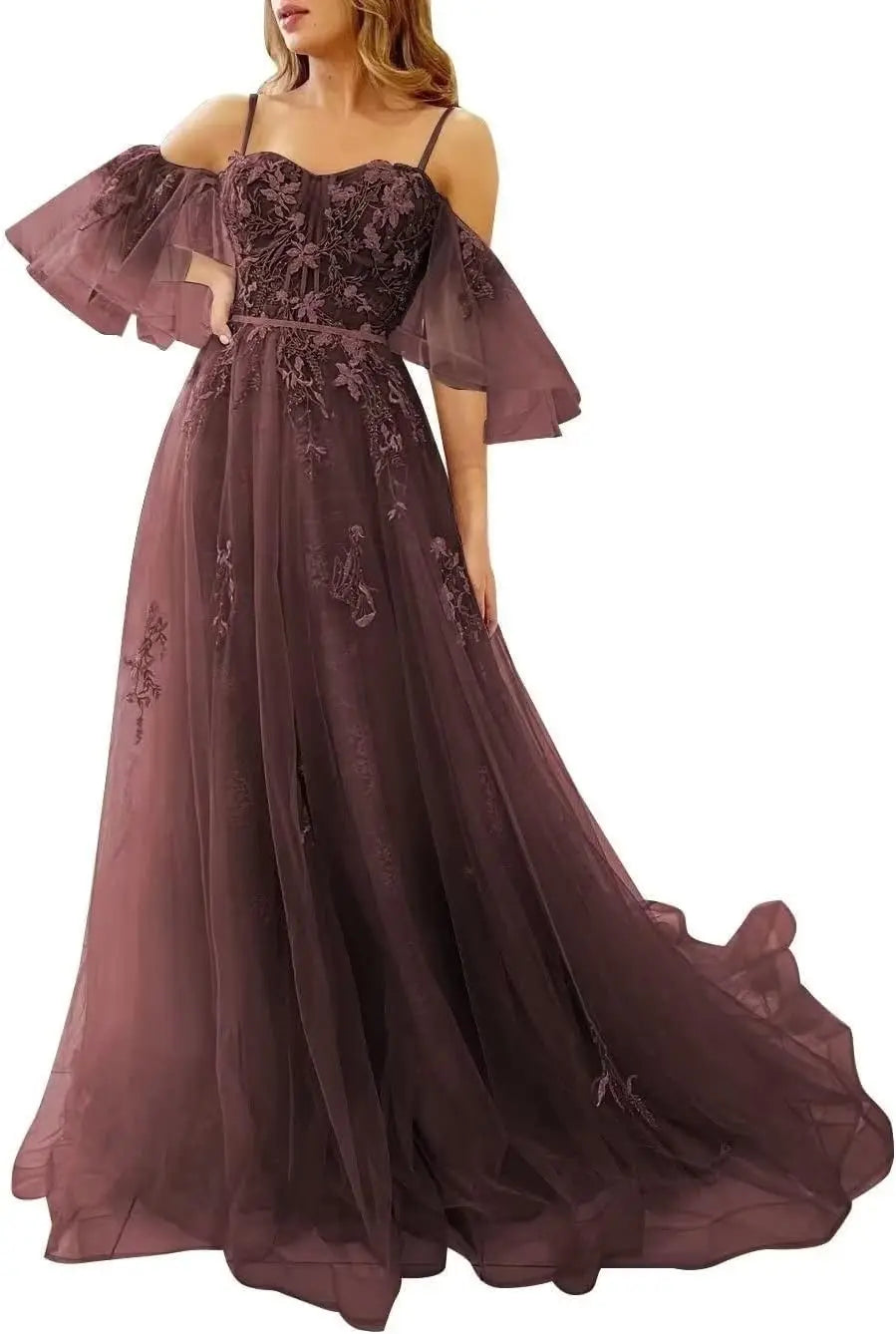 Lace Applique Tulle Prom Dresses Off Shoulder Puffy Sleeves Wedding Dress Long Women Sweetheart A Line Evening Gowns
