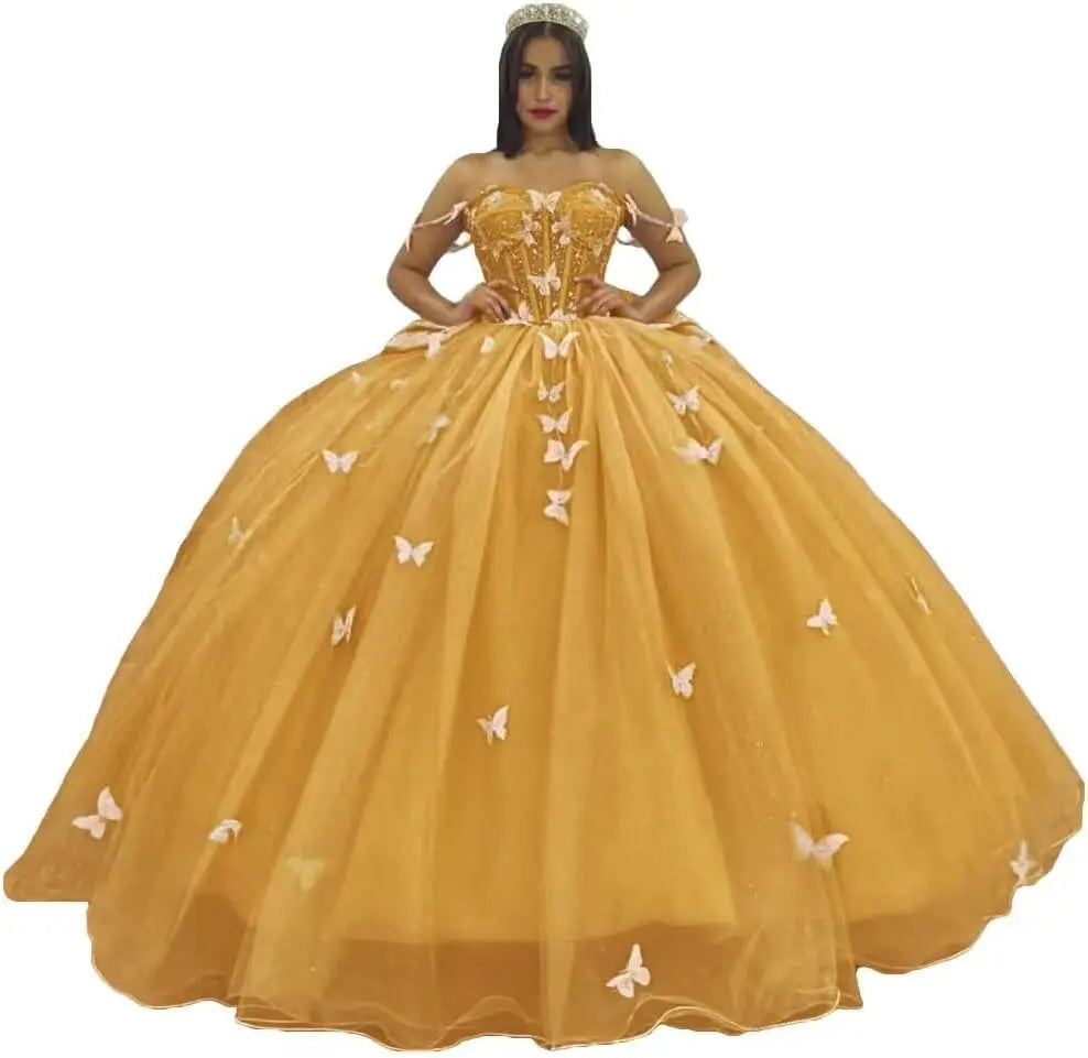 3D Butterfly Quinceanera Dress with Bow Train Spaghetti Strap Sweet 15 16 Ball Gowns Sparkly Vestido De 15 Años