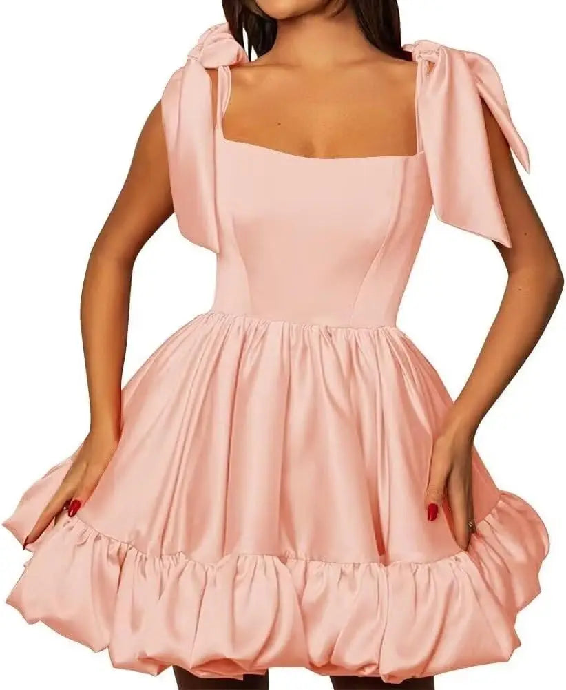 Women’s A-line Puffy Straps Sleeveless Formal Party Gown Teens Satin Short Homecoming Cocktails Dress