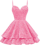 Vestidos de fiesta cortos con lentejuelas y capas para adolescentes 2025, tirantes finos, corte A, minivestido de fiesta 
