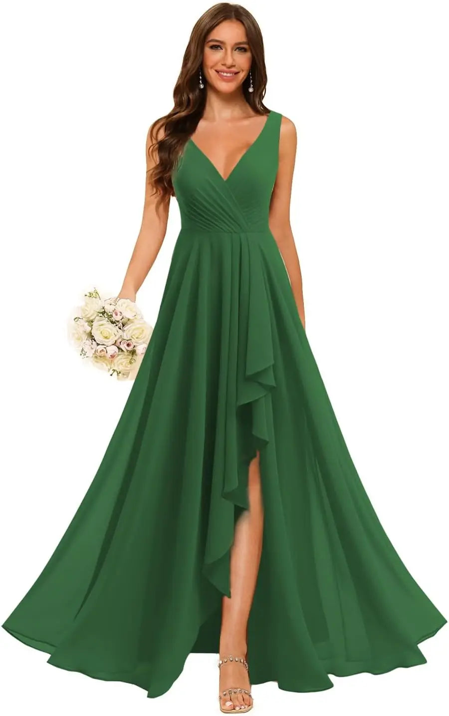 Women's V Neck Bridesmaid Dresses with Slit 2025 Chiffon A-line Formal Evening Gowns with Pockets bridesmaid dress for weddings