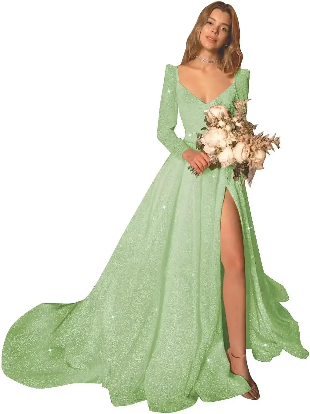 Glitter Prom Dresses Simple Long Sleeve Wedding Dresses for Bride A Line Princess Ball Gown with Slit simple wedding dress