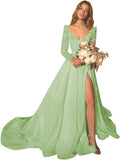 Glitter Prom Dresses Simple Long Sleeve Wedding Dresses for Bride A Line Princess Ball Gown with Slit simple wedding dress