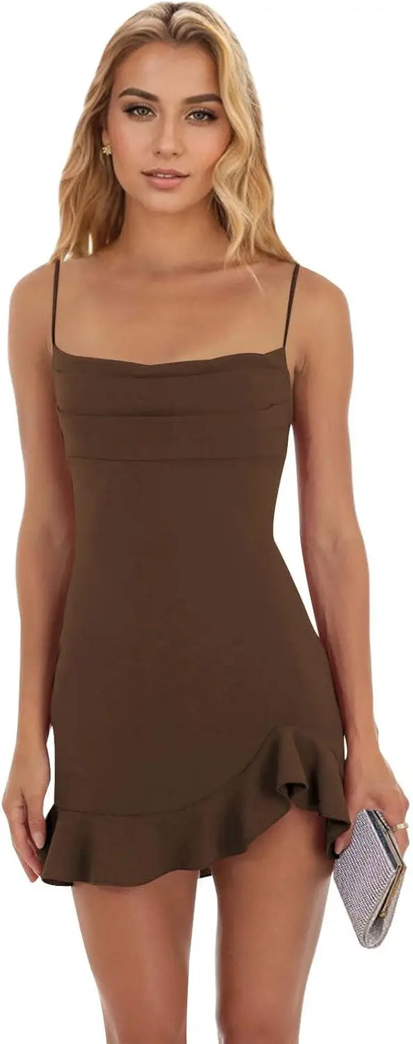 Vestidos cortos de fiesta ajustados para mujer, con tirantes finos y bajo con volantes, para cóctel y club. 