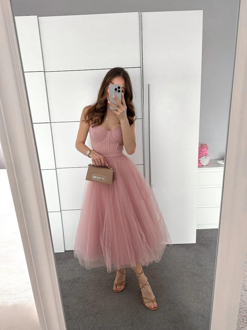 Tulle Tea-Length Prom Dresses High Quality Sweetheart Spaghetti Straps Party & Vacation Wear Elegant Plain A-line Evening Gowns