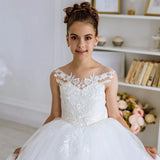 Vestidos de primera comunión personalizados para niña de las flores, tul blanco, apliques florales con lazo, sin mangas para boda 