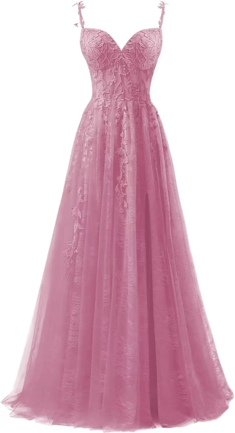 Lace Applique Tulle Prom Dresses for Women 2025 Spaghetti Straps Ball Gown Formal Evening Party Gown with Slit Wedding Party