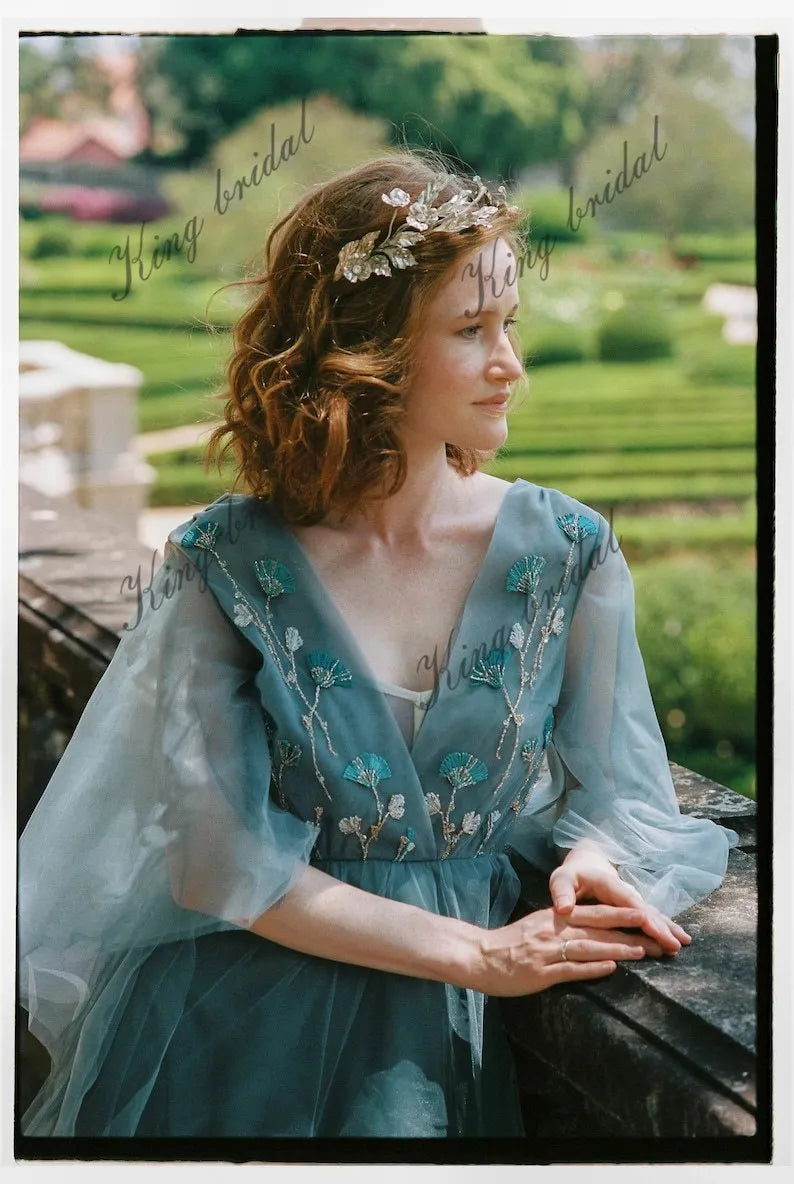 Voluminous tulle bridal Pale blue sleeves wedding dress Fairy hand embroidered  formal dress women elegant evening party dresses