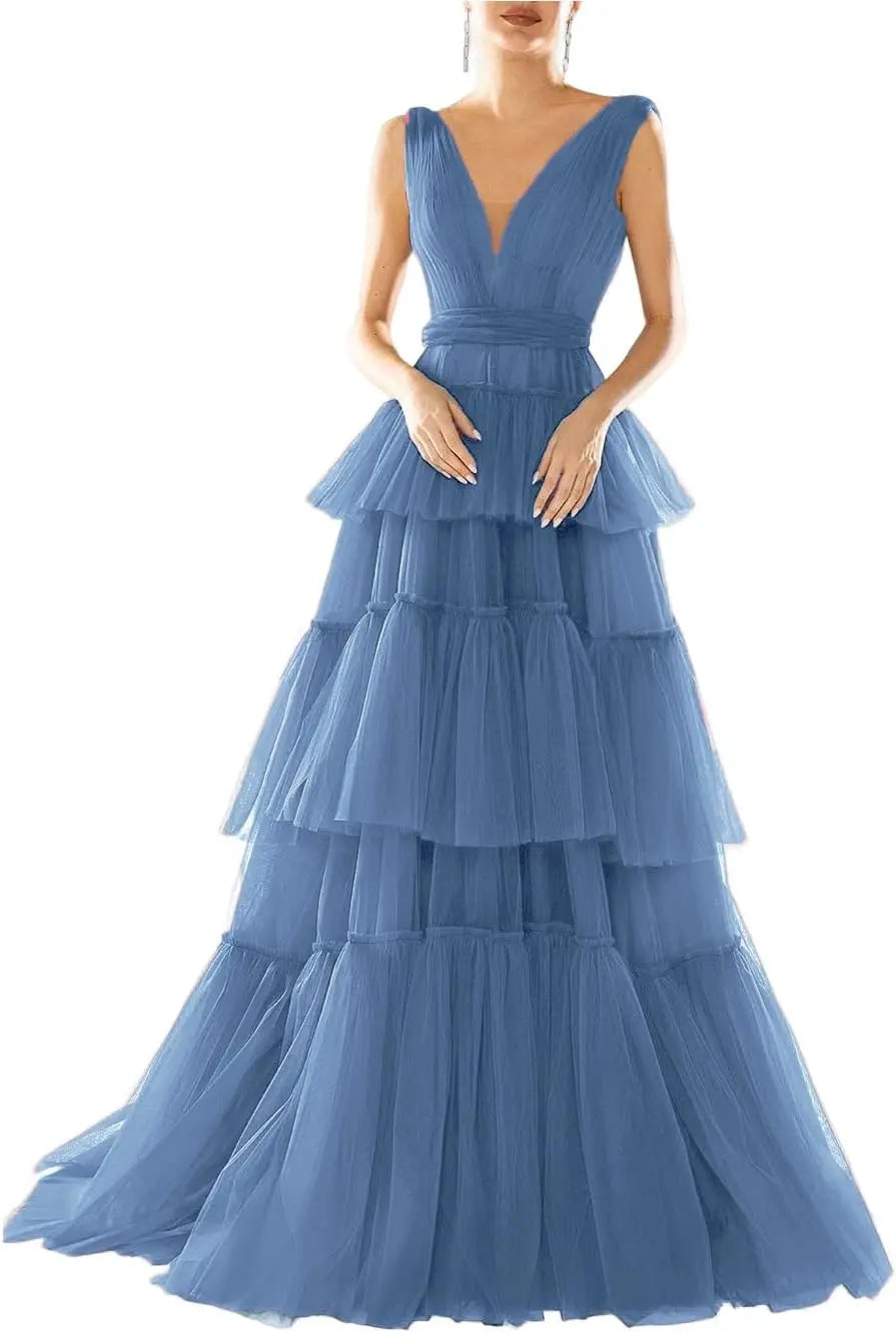 Vestidos de fiesta largos con escote en V doble para mujer, 2025, de tul escalonado, corte A, plisados, formales, para fiesta de noche. 