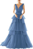 Vestidos de fiesta largos con escote en V doble para mujer, 2025, de tul escalonado, corte A, plisados, formales, para fiesta de noche. 
