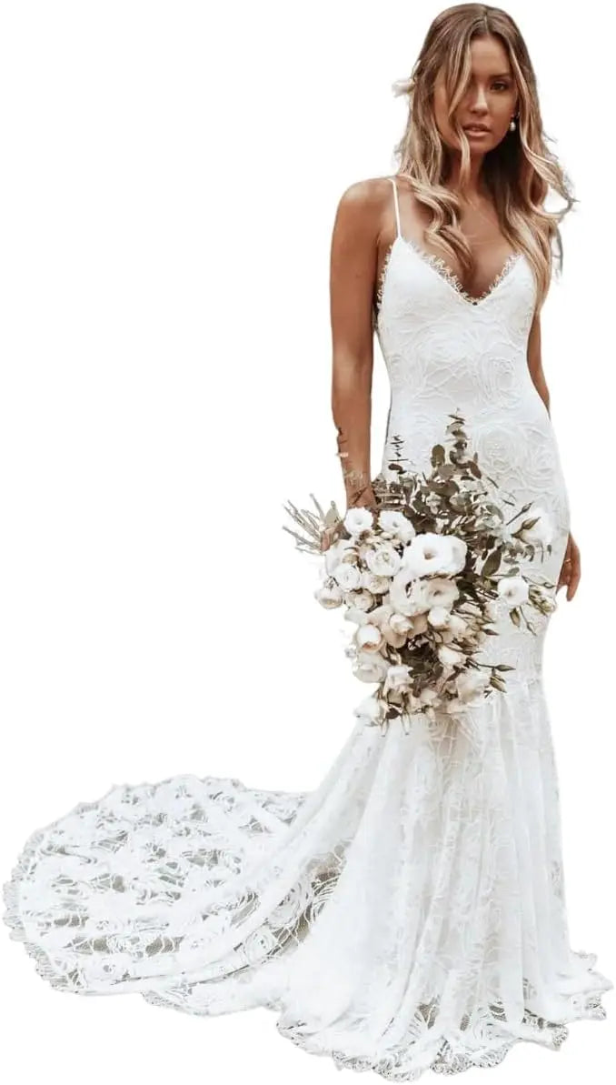 Brautkleider für die Braut Langes Spitzenapplikations-Tüll-Brautkleid Boho-Strandhochzeitskleid weißes Kleid Maßgeschneiderte Brautkleider 