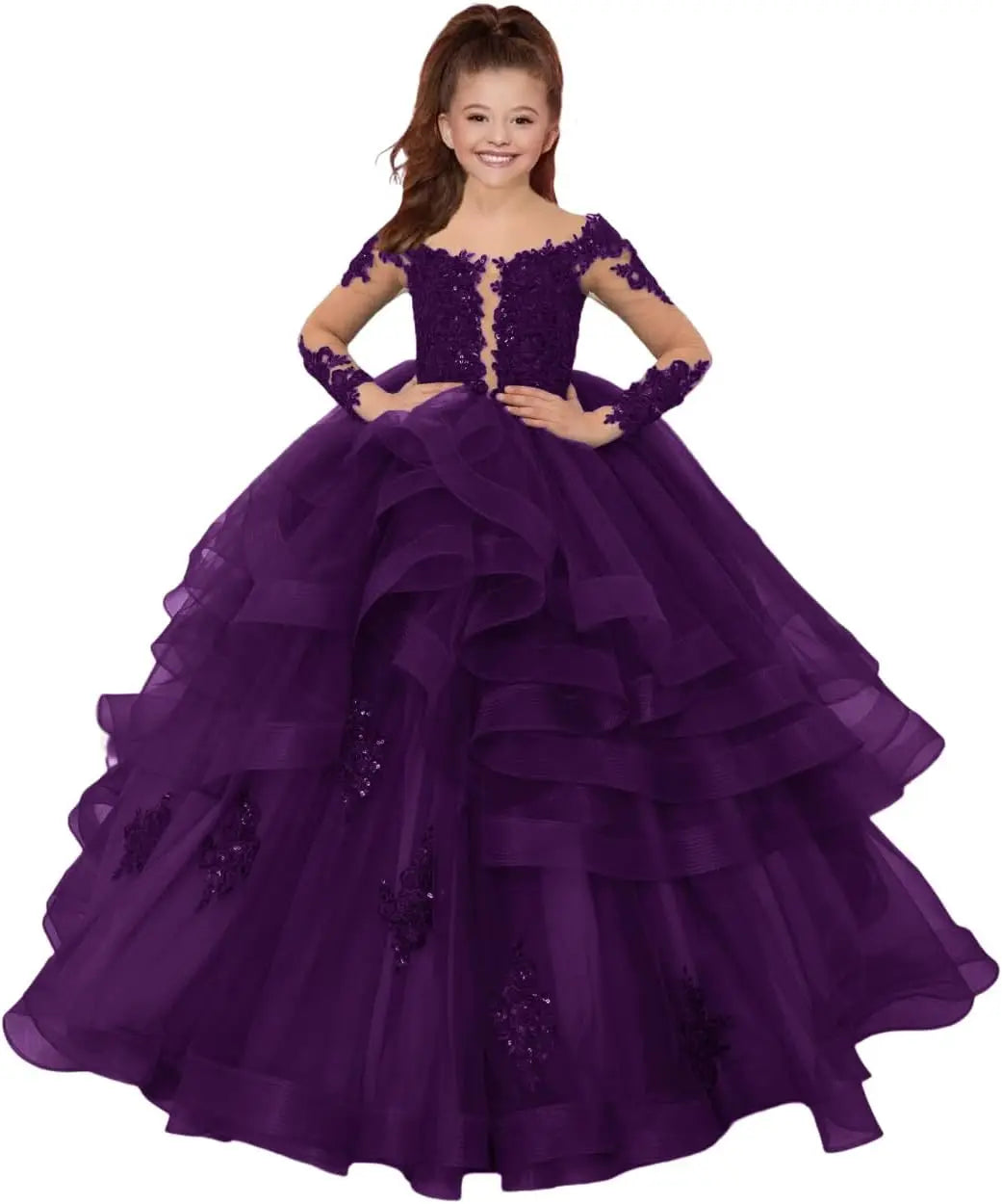 Custom made Princess Long Sleeve Flower Girl Dresses Appliques Ruffles Tulle Pageant Dresses for Girls Kids Party Ball Gowns