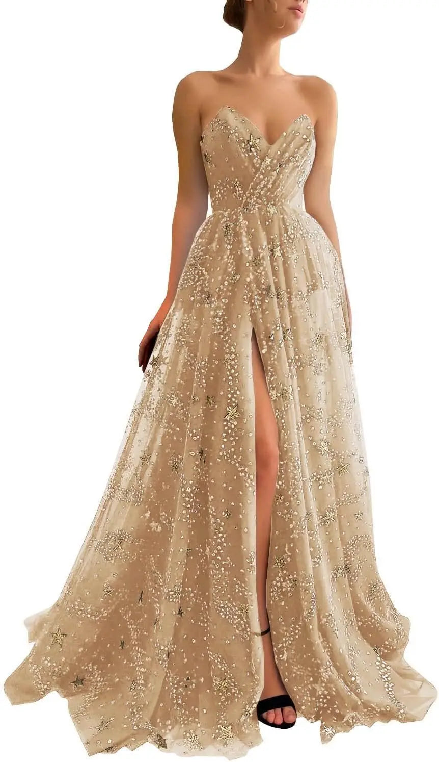 Vestidos de fiesta de tul con estrellas y brillo para mujer, sin tirantes, con abertura, formales, para noche y fiesta 