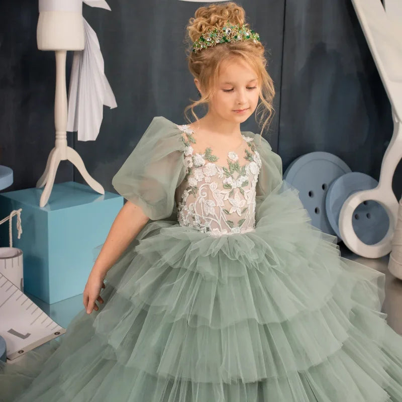 Vestidos de princesa con apliques de tul verde y blanco, de media manga y capas, para bodas, cumpleaños, banquetes, vestidos de niña de las flores personalizados. 
