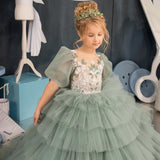 Vestidos de princesa con apliques de tul verde y blanco, de media manga y capas, para bodas, cumpleaños, banquetes, vestidos de niña de las flores personalizados. 