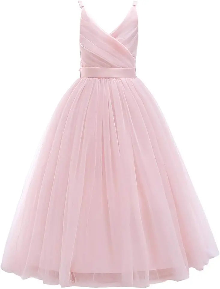 Vestido de tul con tirantes finos para niñas de flores, largo, corte A, para bodas, desfiles, princesas, fiestas de cumpleaños, vestidos de gala 